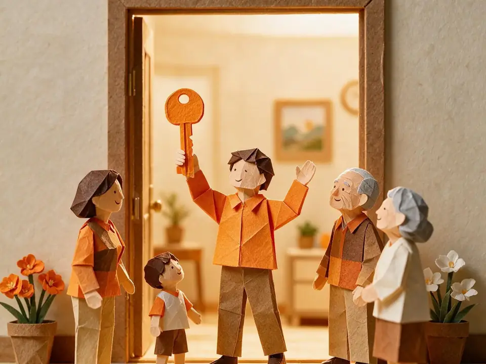 Ilustração de papel: família na porta de casa nova, o pai levantando a chave