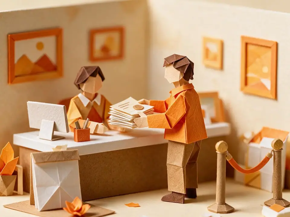 Ilustração de papel: cliente entrega documentos a uma consultora no balcão de atendimento